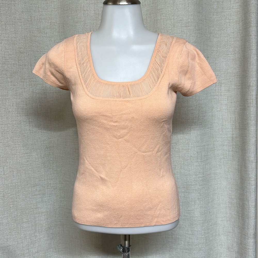 EVIE peach silk blend crepe trim pullover T shirt top blouse